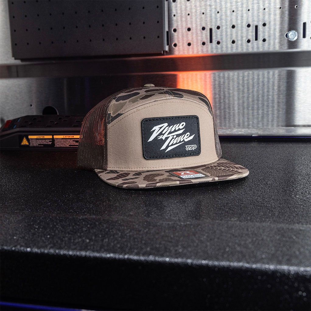Adjustable flatbill snapback hat brown duck camo with black woven patch