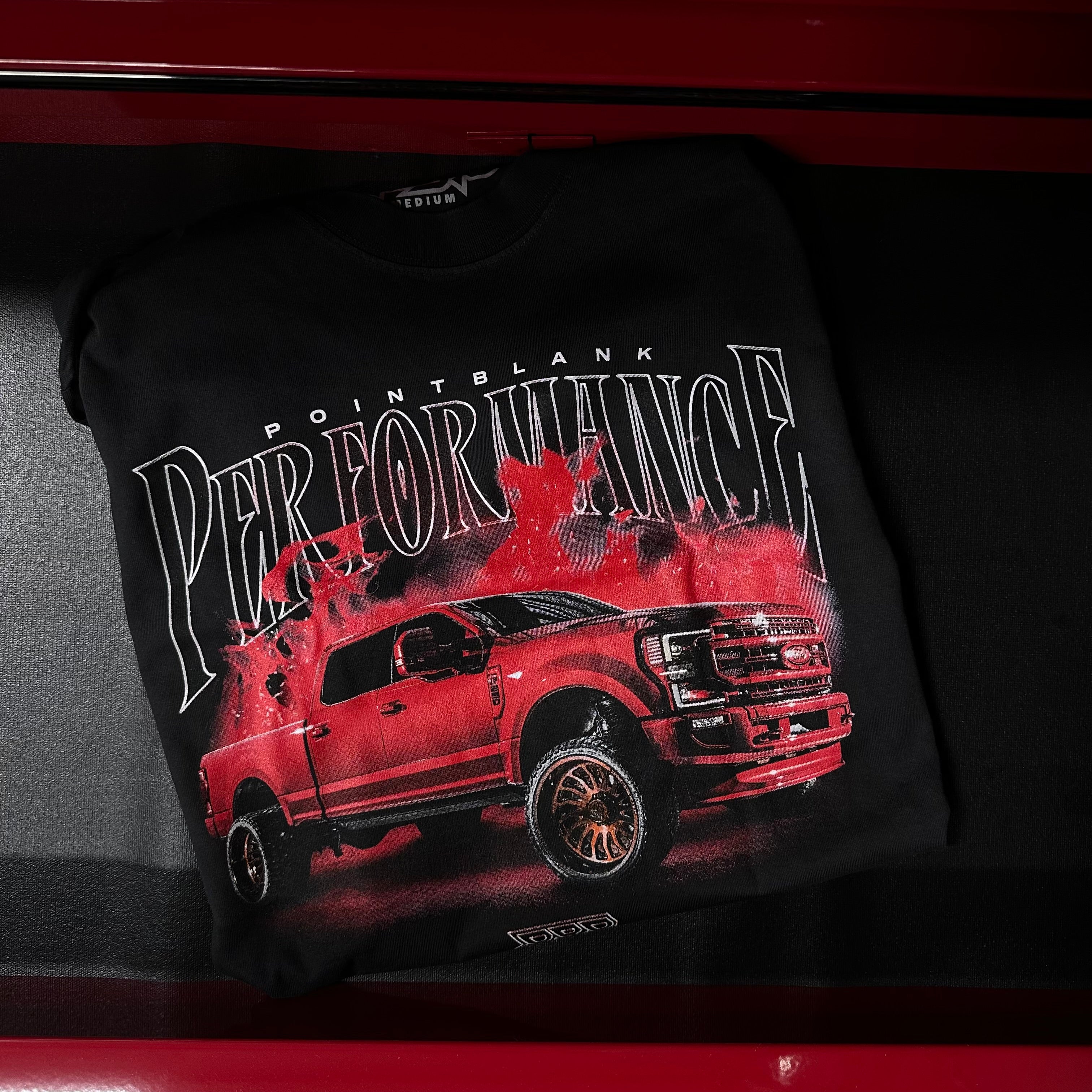 Black graphic tee shirt with red f250 front side