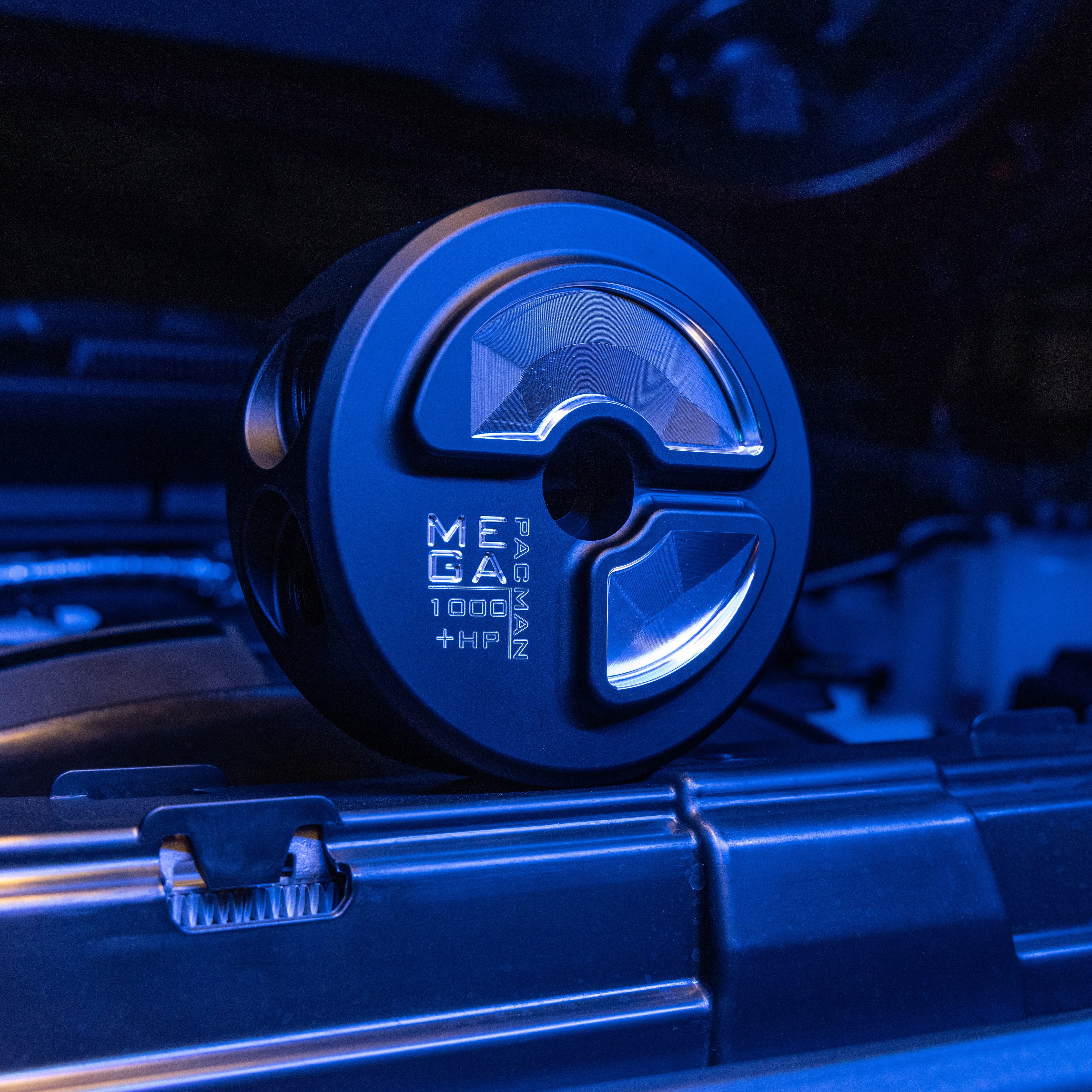 Top side mega pacman fuel sump anodized black.